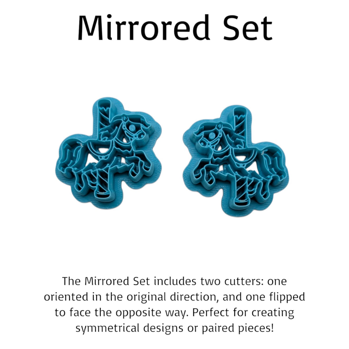 Two mirrored blue cookie cutters displayed side by side under text explaining symmetrical design use.