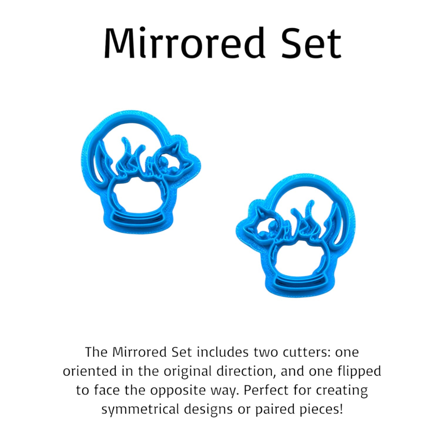 Two blue mirrored cookie cutters on a white background with text describing their use.