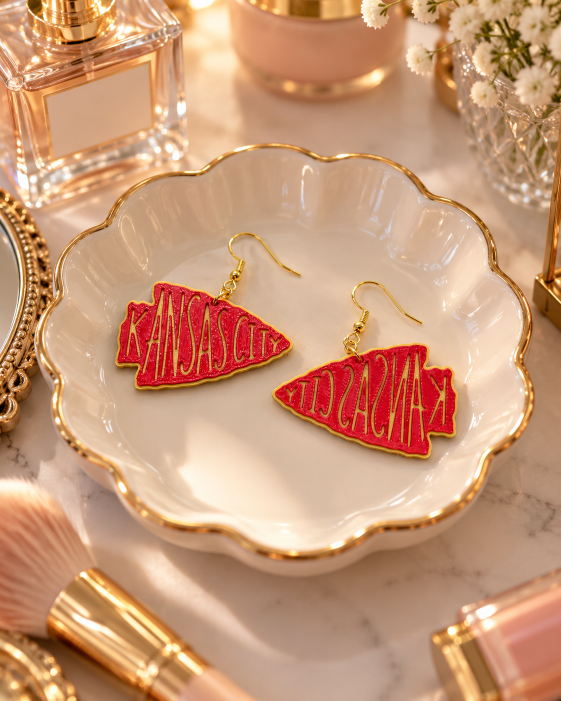 Kansas City Arrowhead 3D Printed Earrings | Red & Gold KC Statement Dangle Earrings | Football Fan Jewelry