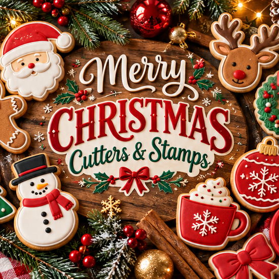 Festive Christmas cookie cutters and embossing stamps collection from Truley Unique, featuring Santa Claus, gingerbread men, reindeer, snowmen, Christmas trees, wreaths, ornaments, and snowflakes. Perfect for holiday cookies, fondant decorating, polymer clay earrings, pottery, ceramics, and Christmas crafts.
