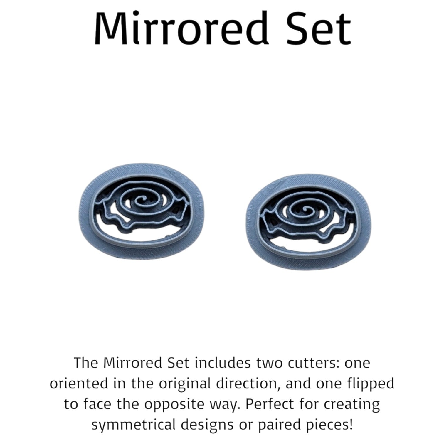 Mirrored set of cinnamon roll cookie cutters with spiral swirl design, shown side by side—one original and one flipped for symmetrical crafting, ideal for cookies, fondant, polymer clay, and pottery projects.