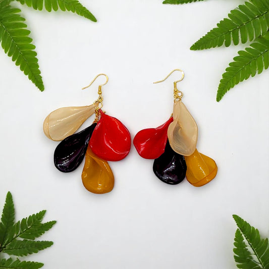 Clicking Petals, Handmade Resin-Coated Petals Dangle Earrings – Champagne, Radiant Orange, Burgundy & Orange Floral Quartet