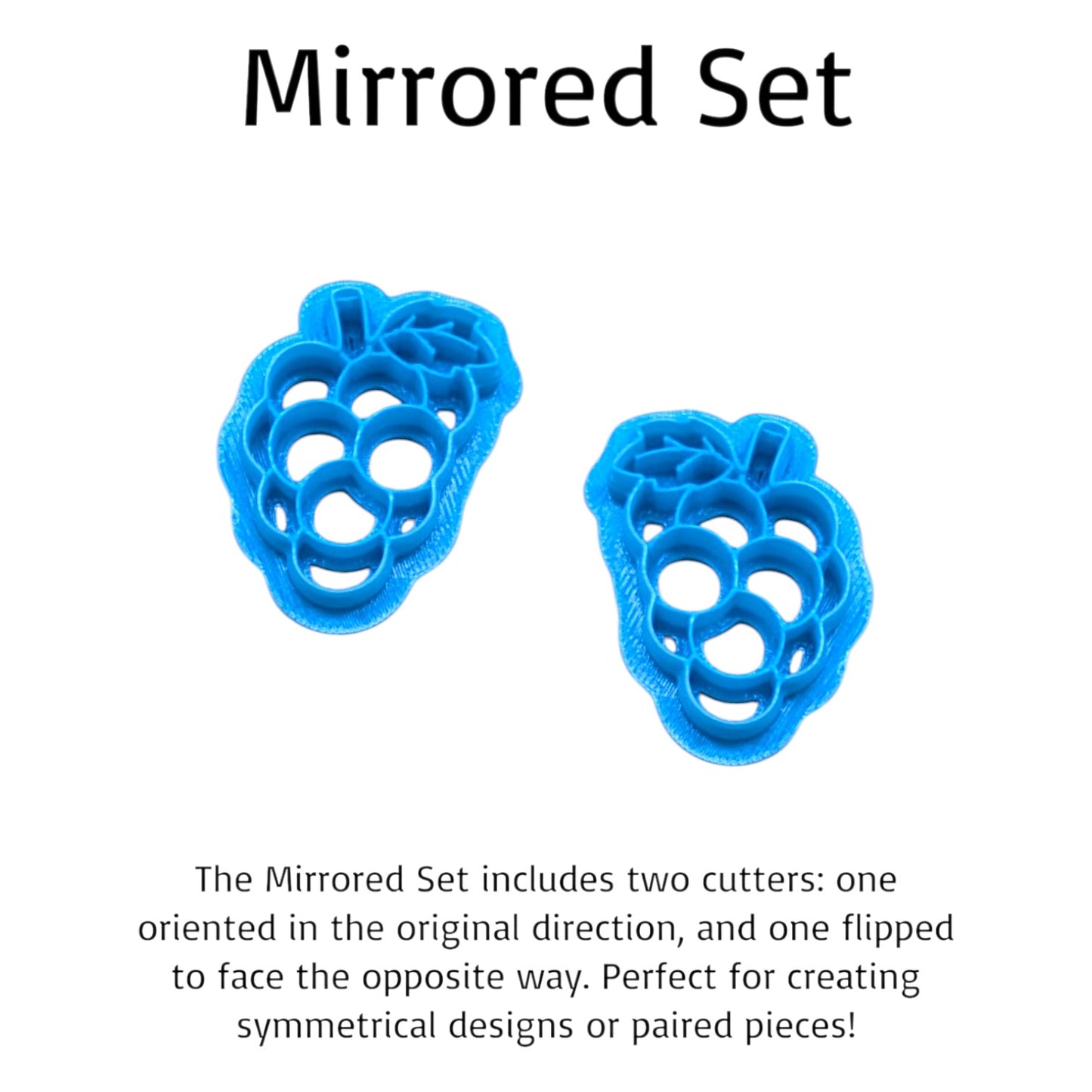 Two blue cookie cutters shaped like grapes on a white background with text describing the mirrored set.