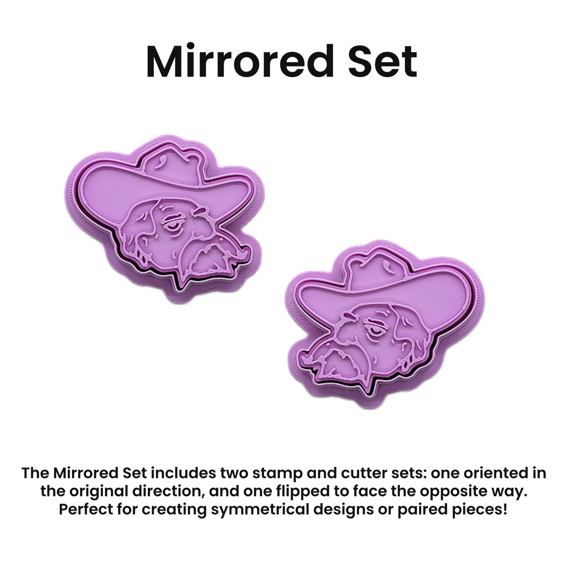 Two purple stamp and cutter sets with a mirrored design on a white background.