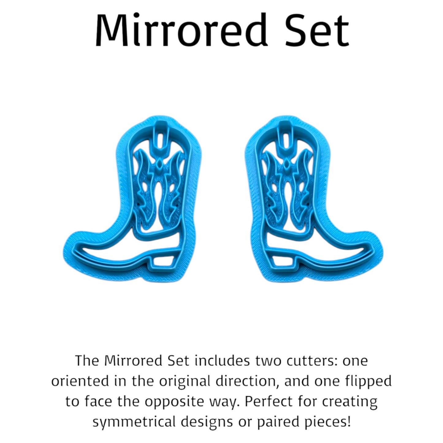 Mirrored Set of Cowgirl Boot Cookie Cutters – two blue 3D printed western boot cutters facing opposite directions for symmetrical polymer clay or fondant designs.