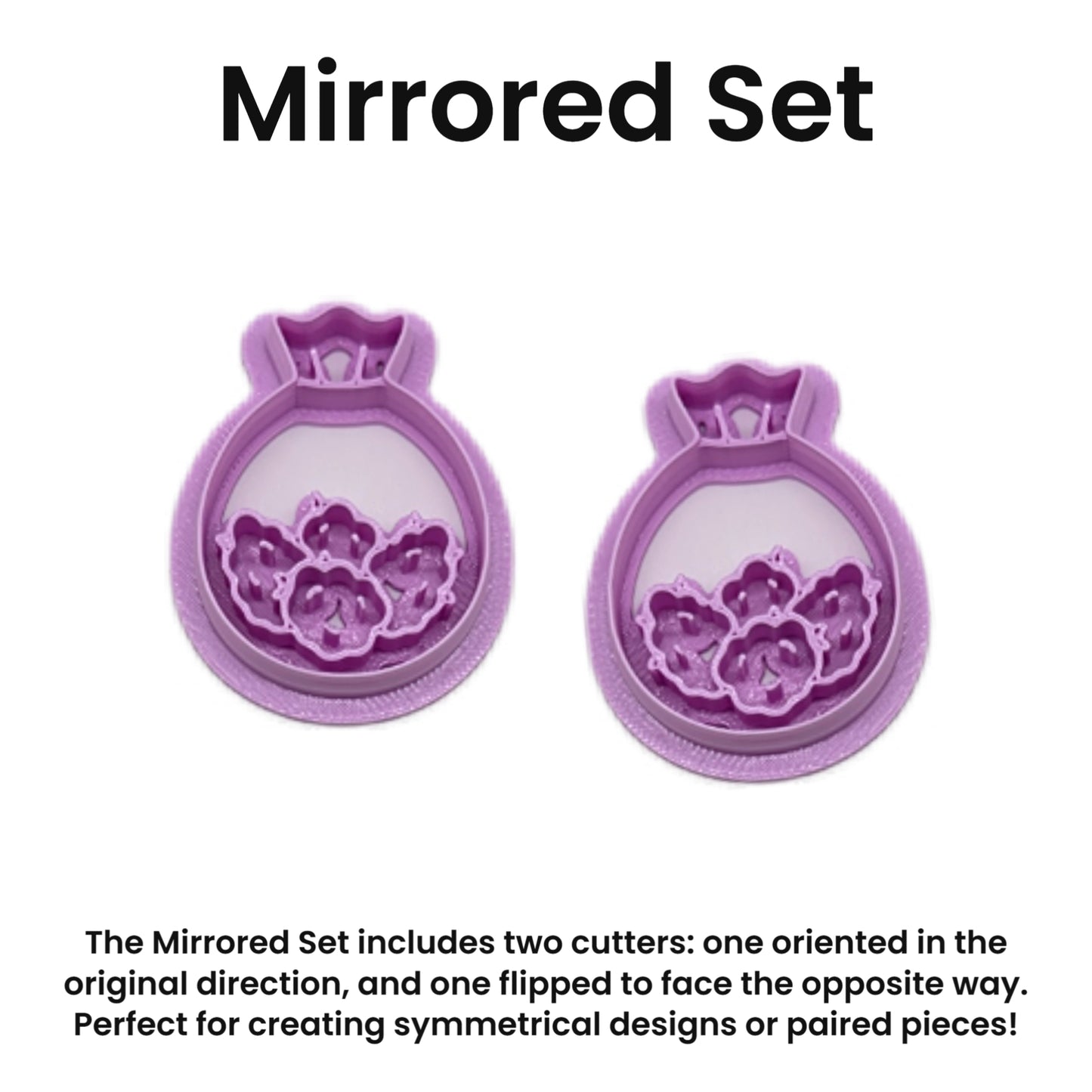 Two purple floral cookie cutters with text describing the mirrored set.