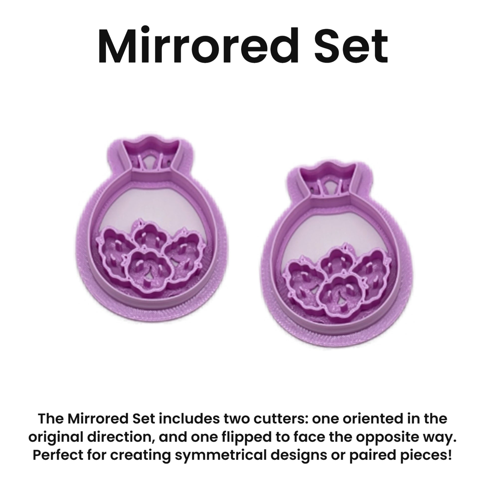 Two purple floral cookie cutters with text describing the mirrored set.