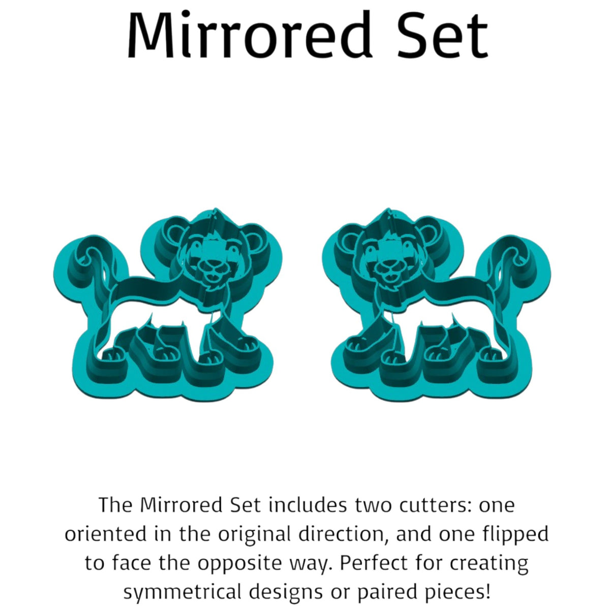 Cute Lion Cub Mirrored Cookie Cutter Set featuring two turquoise 3D printed lion cutters facing opposite directions, perfect for matching polymer clay earrings, safari cookies, fondant and crafts.