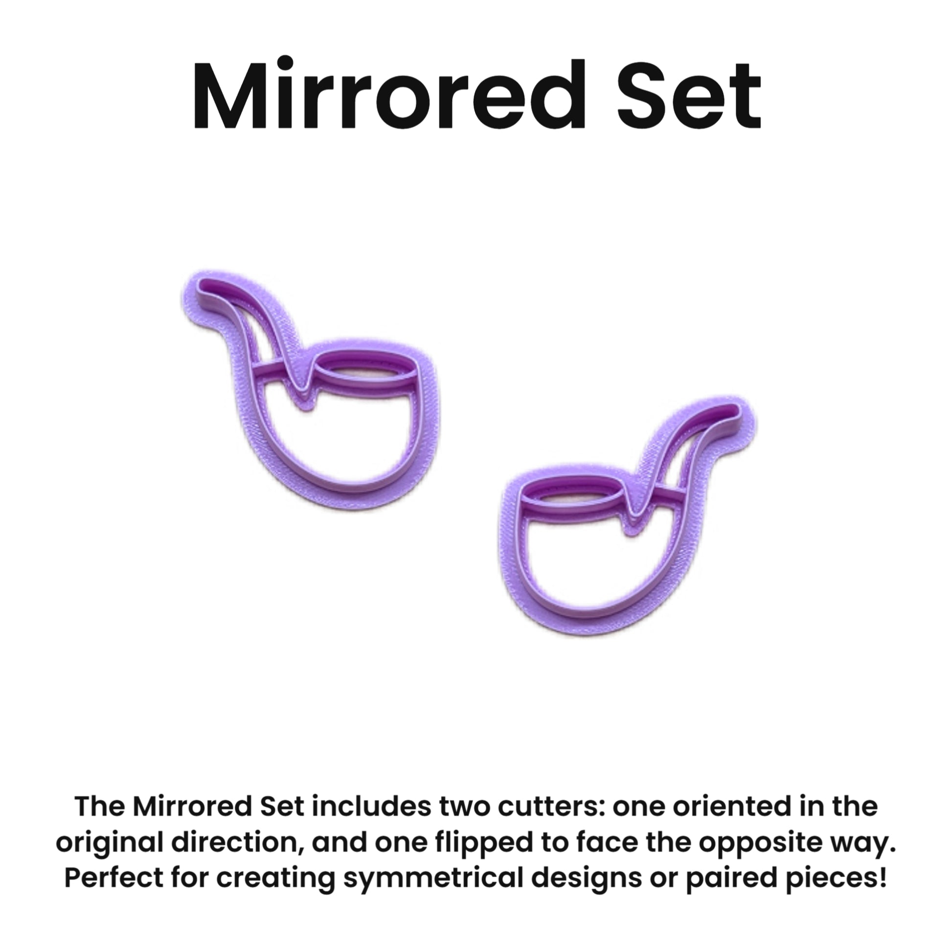 Two purple pipe shape cookie cutters labeled 'Mirrored Set' on a white background.