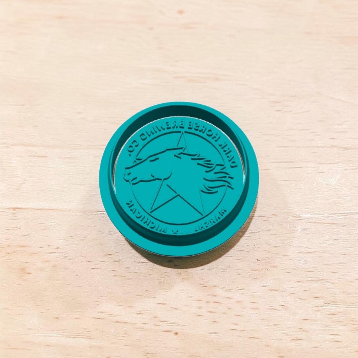 Dark Horse Brewing Co cookie cutter ring and embossed stamp impression – teal plastic tool for cookies, fondant, and clay crafts
