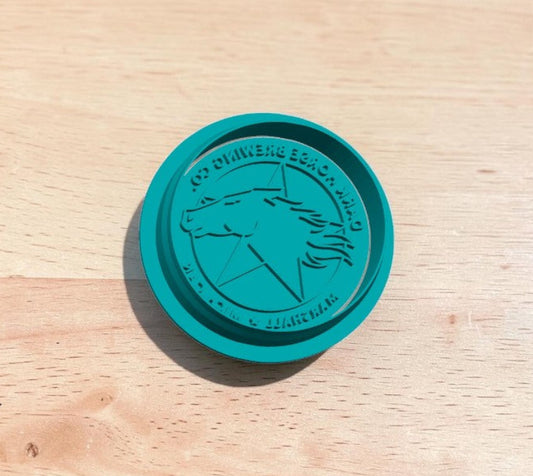 Dark Horse Brewing Co cookie stamp and cutter – teal embossed design featuring horse logo and star, handmade by Truley Unique