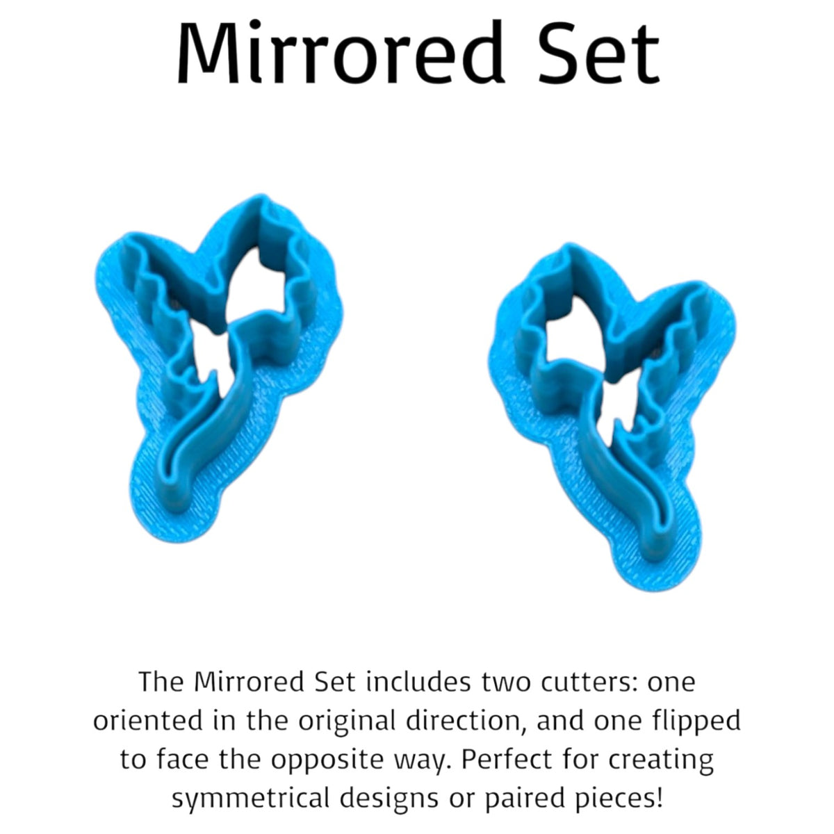 Mirrored Dragon Silhouette Style C cookie cutter set featuring two blue 3D-printed dragon cutters with opposite-facing wings and curved tails, ideal for matching polymer clay earrings, fantasy cookies, fondant and crafts.