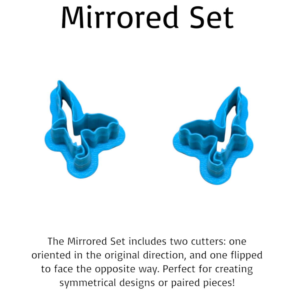 Mirrored Dragon Silhouette Style E cookie cutter set featuring two blue 3D-printed dragon cutters facing opposite directions, with pointed wings and curled tails, ideal for matching polymer clay earrings, fantasy cookies, fondant and crafts.