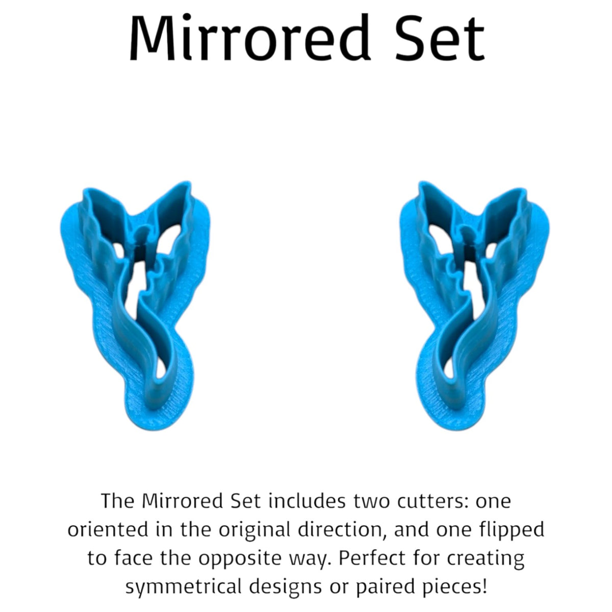 Mirrored Dragon Silhouette Style B cookie cutter set featuring two blue 3D-printed dragons facing opposite directions with raised wings and flowing tails, ideal for matching polymer clay earrings, fantasy cookies and fondant crafts.