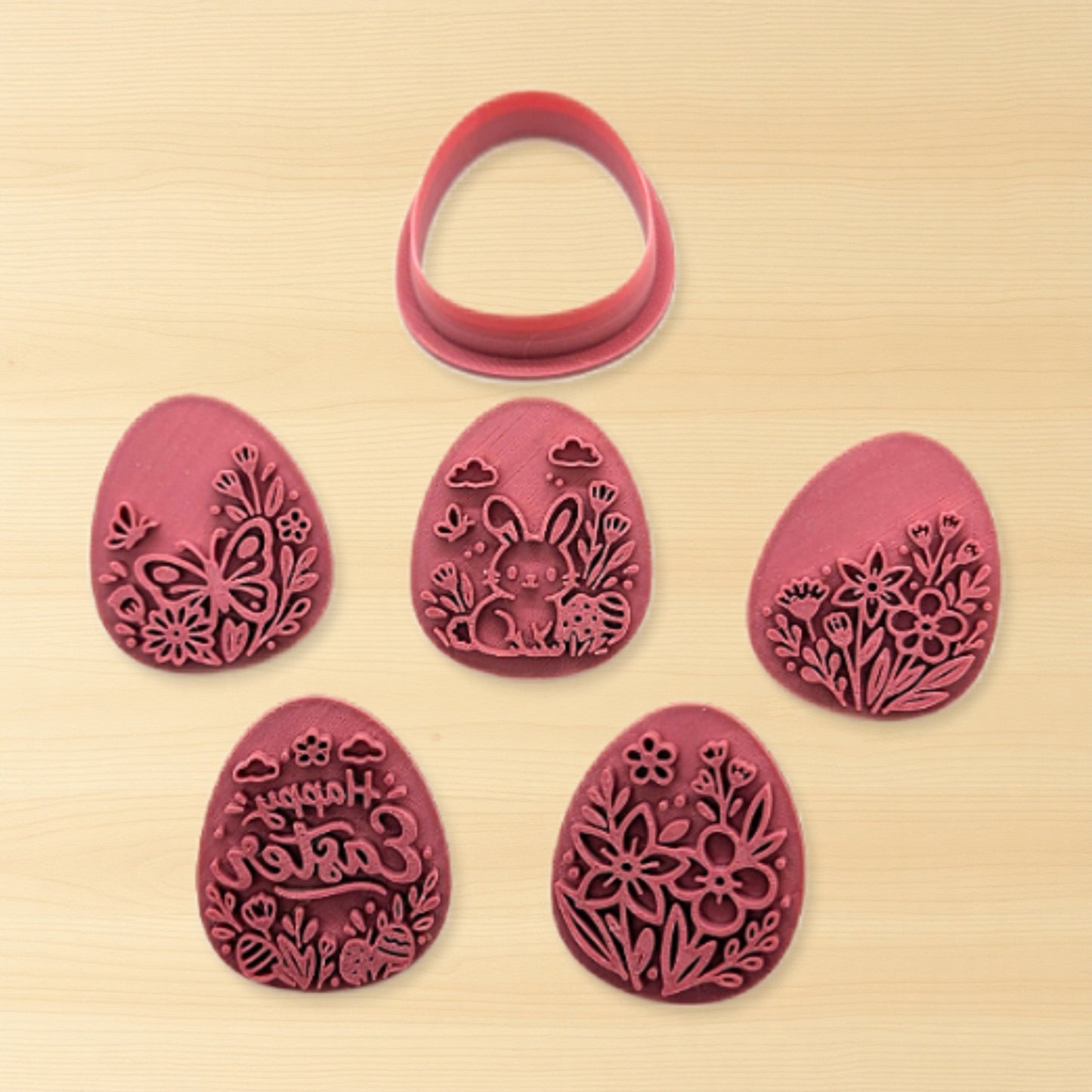 Spring Easter Egg Cutter & 5 Stamp Designs • Cookie, Fondant & Polymer Clay Embosser Set