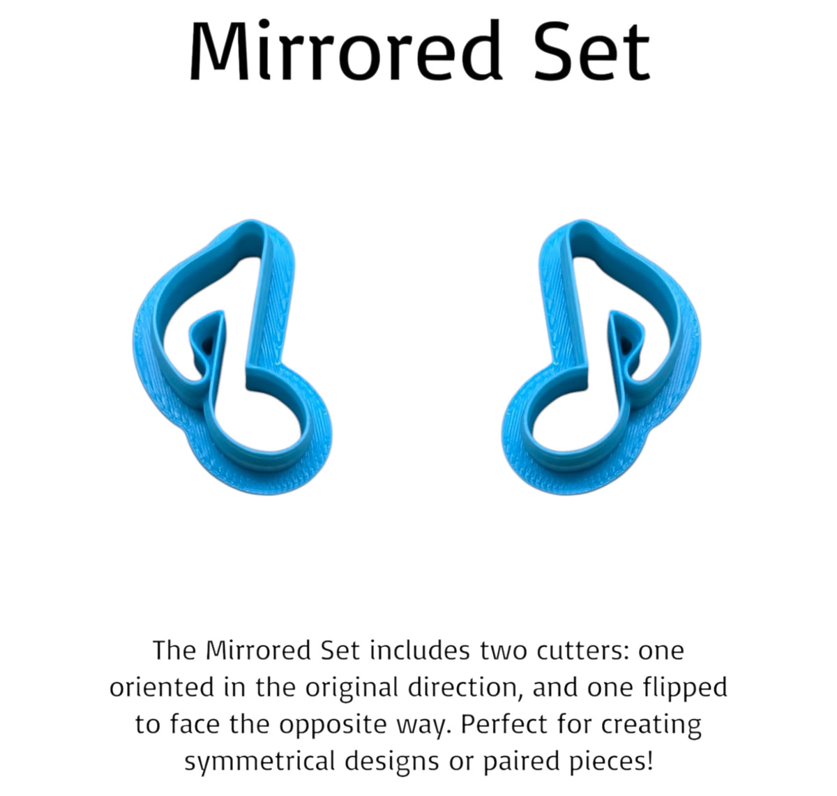 Mirrored set of blue 3D printed eighth note cookie cutters for symmetrical polymer clay or fondant designs