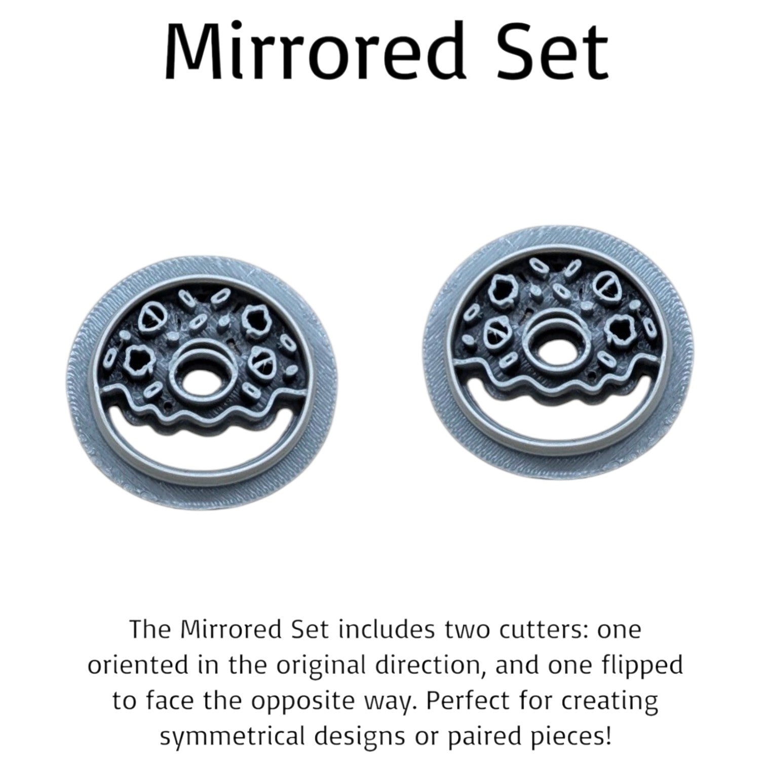 Mirrored set of fall donut cookie cutters with detailed icing and sprinkle design, shown side by side—one original and one flipped for symmetrical crafting, ideal for cookies, fondant, and polymer clay.