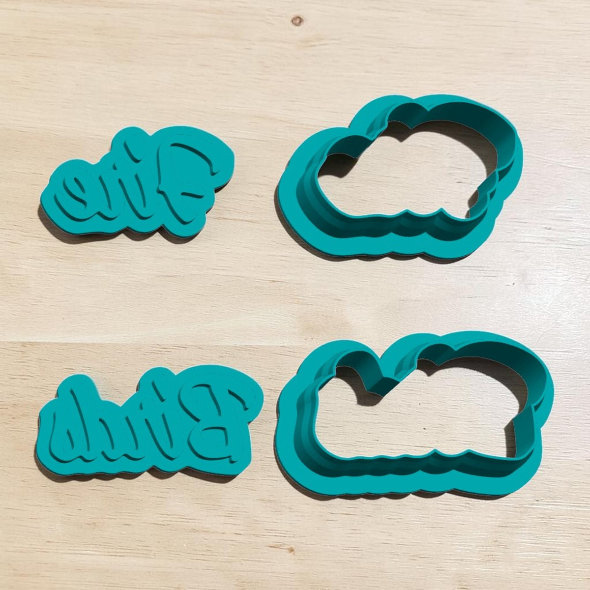 Fire Birds outline cookie cutters and script detail stamps shown separately for cookies, polymer clay, fondant and crafts