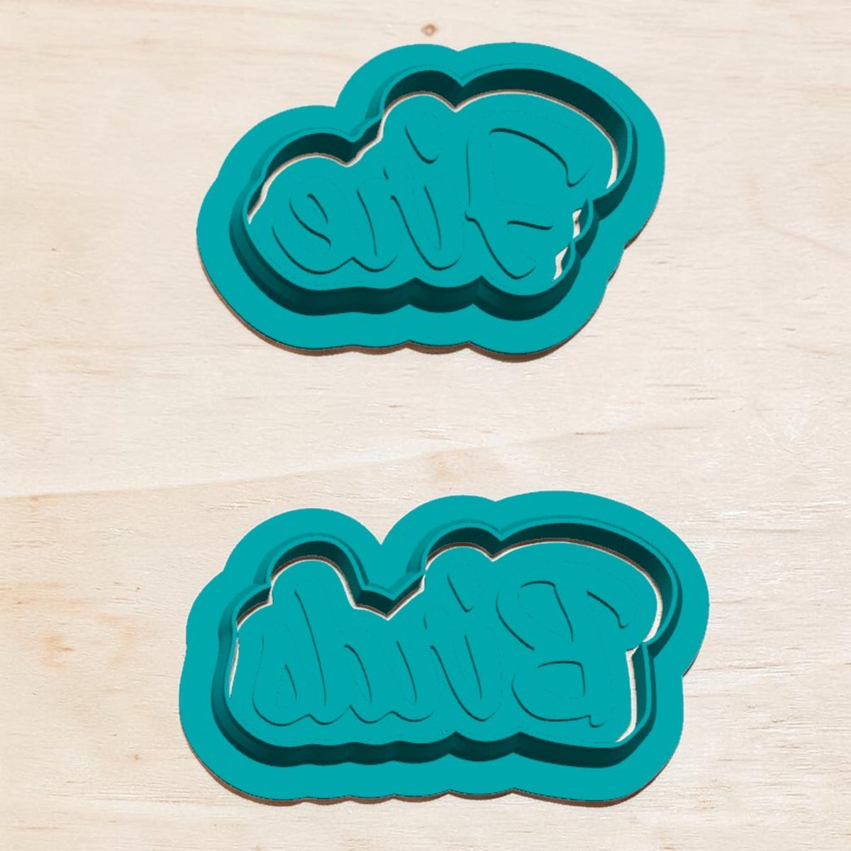 Fire Birds script cookie cutter and stamp sets assembled for cookies, polymer clay, fondant, pottery and ceramic crafts