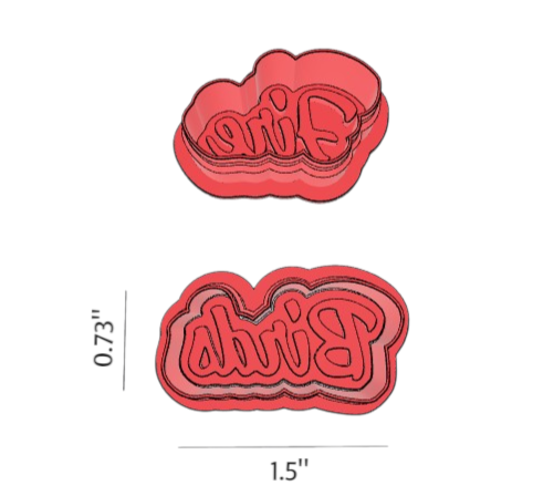 Fire Birds script cookie cutter and stamp set size example showing 1.5 inch width for cookies, polymer clay and fondant