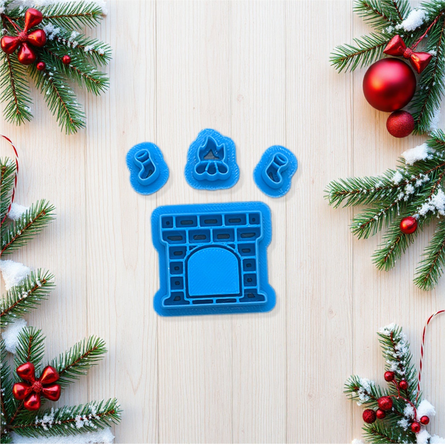 Cozy Fireplace, Burning Logs and Christmas Stockings 4 Piece Cookie Cutter Set: Ideal for Cookies, Ceramics, Pottery, Polymer Clay, and Fondant
