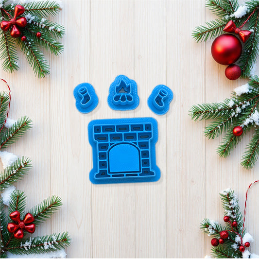 Cozy Fireplace, Burning Logs and Christmas Stockings 4 Piece Cookie Cutter Set: Ideal for Cookies, Ceramics, Pottery, Polymer Clay, and Fondant