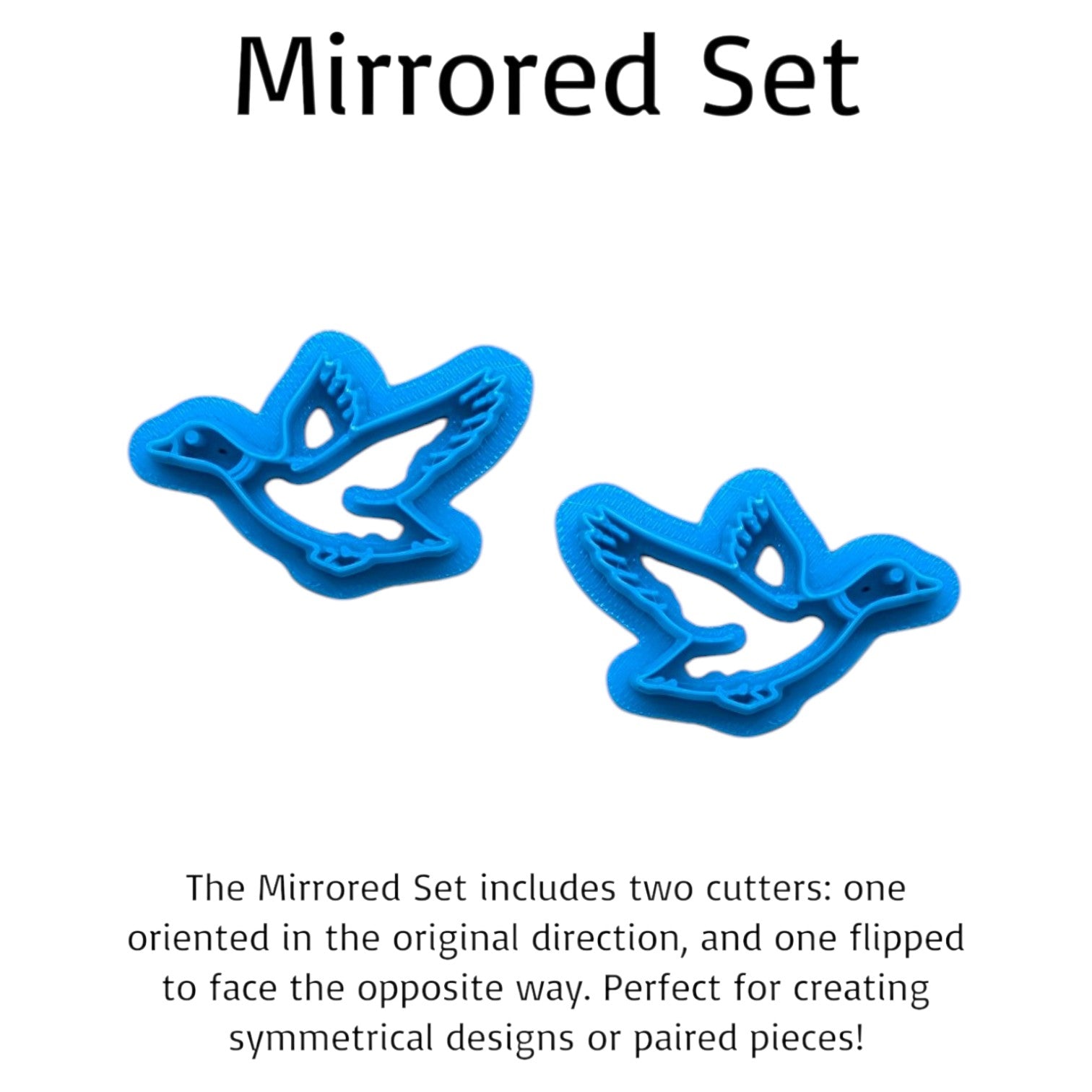 Two blue duck-shaped cutters on a white background with text describing the mirrored set.