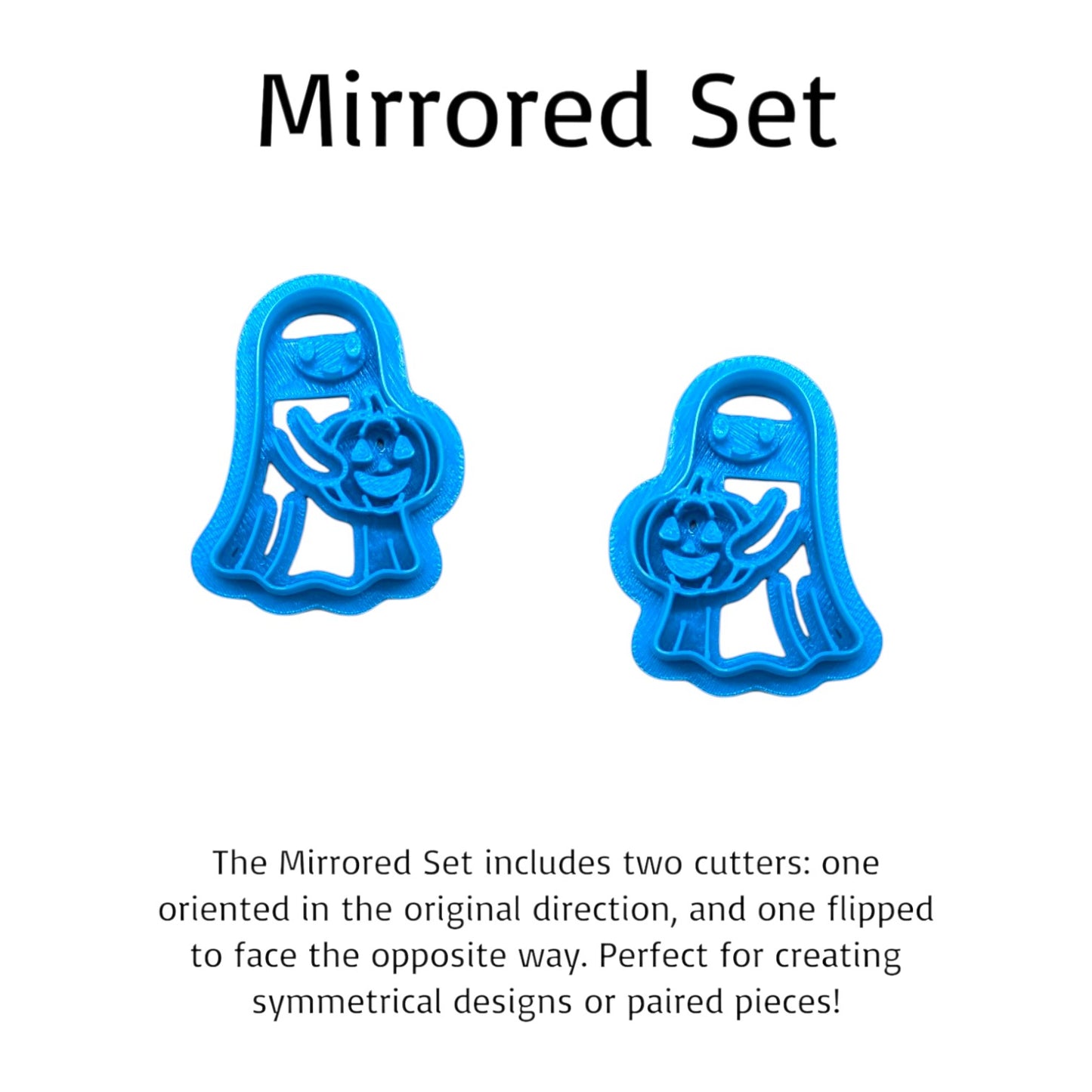 Two blue mirrored cookie cutters on a white background with text describing their use.