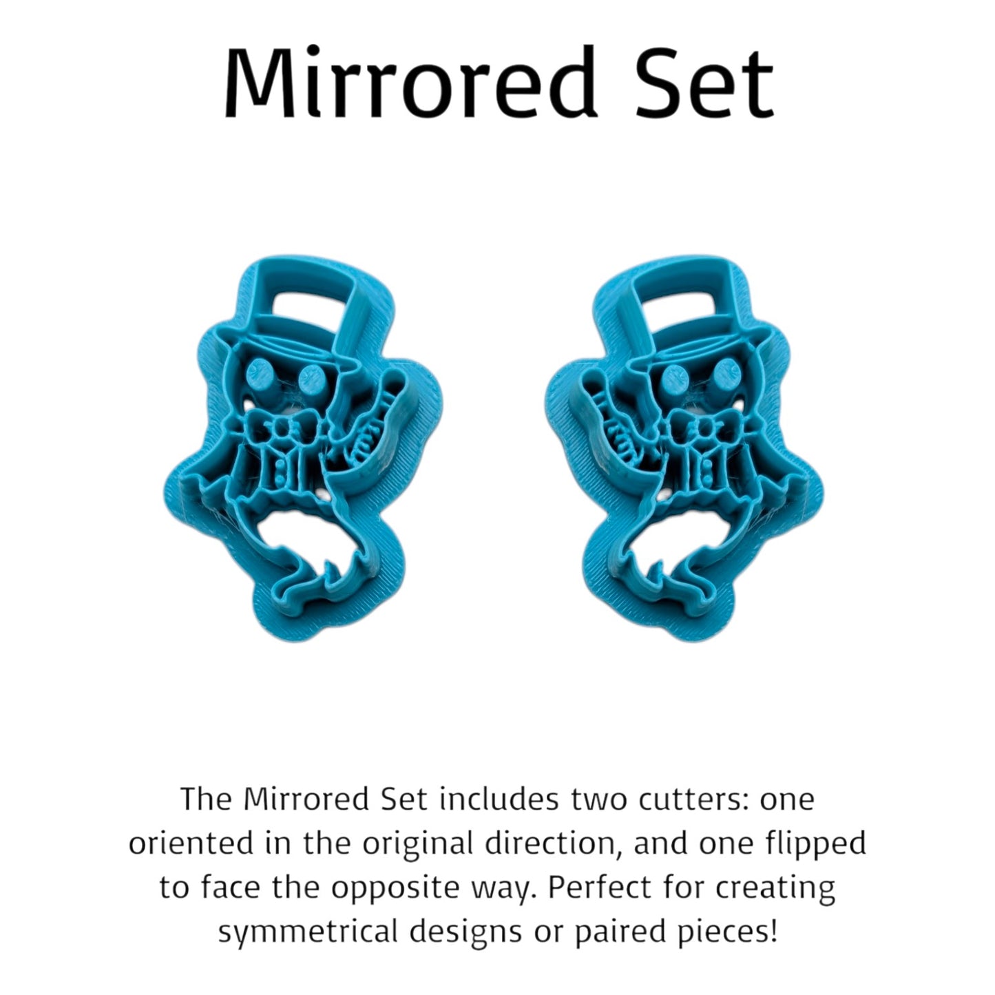 Two mirrored blue ghost ringmaster cookie cutters displayed side by side under text explaining symmetrical design use.