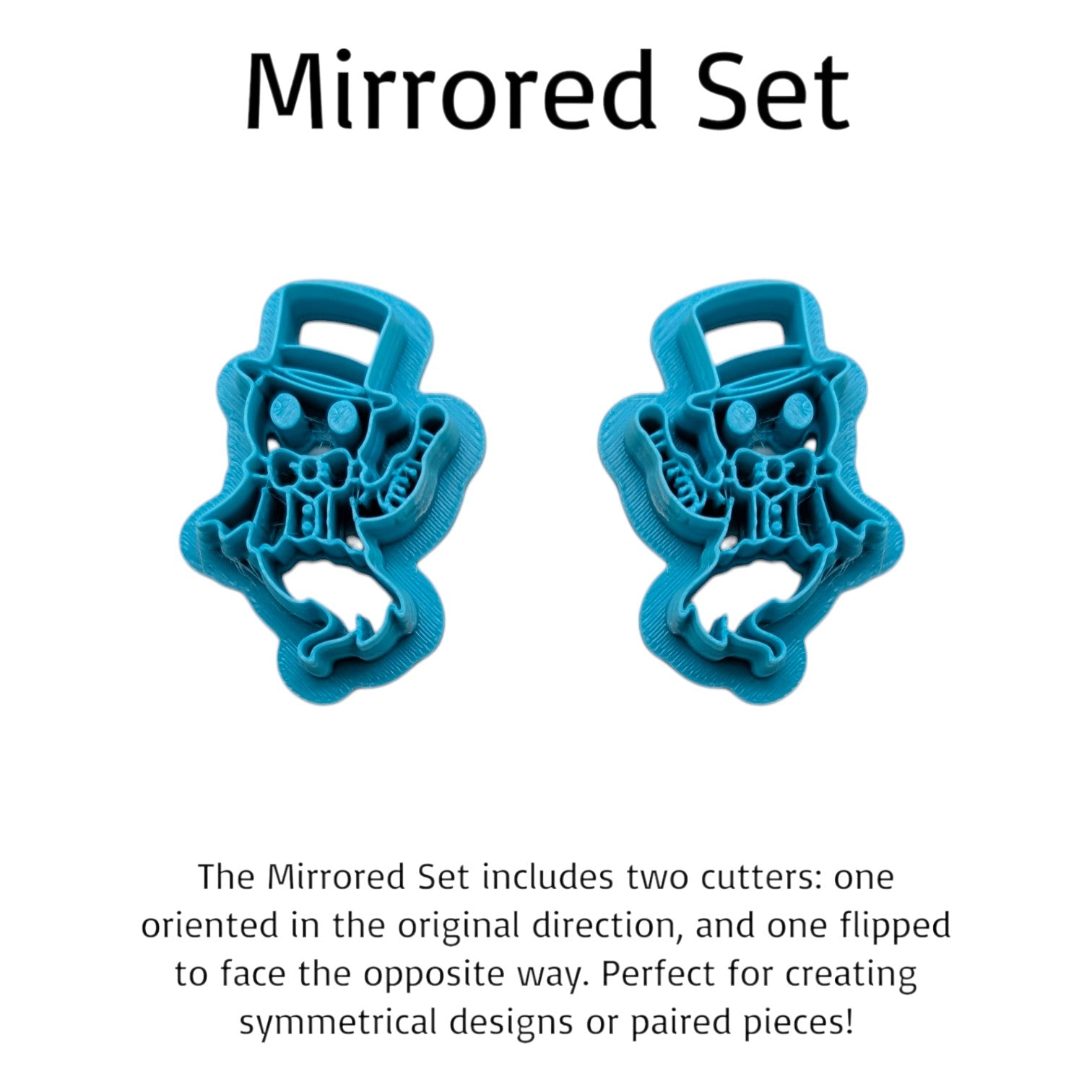 Two mirrored blue ghost ringmaster cookie cutters displayed side by side under text explaining symmetrical design use.