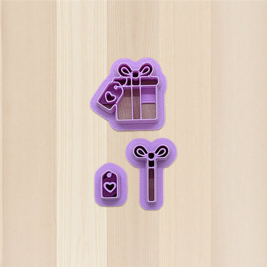 Gift Box, Ribbon with Bow & Tag, 3 Piece Cookie Cutter Set: Ideal for Cookies, Ceramics, Pottery, Polymer Clay, and Fondant