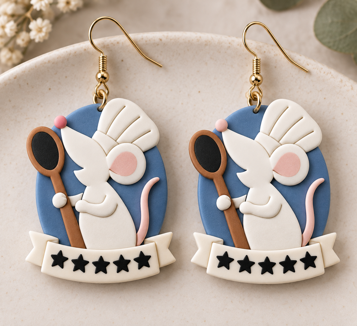 Handmade Mouse Chef polymer clay earrings with chef hat, spoon and star banner details, created from the layered cutter set