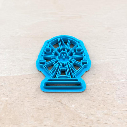 Blue haunted broken ferris wheel cookie cutter with detailed spokes and gondolas — multi‑medium tool for cookies, fondant, and clay crafts.
