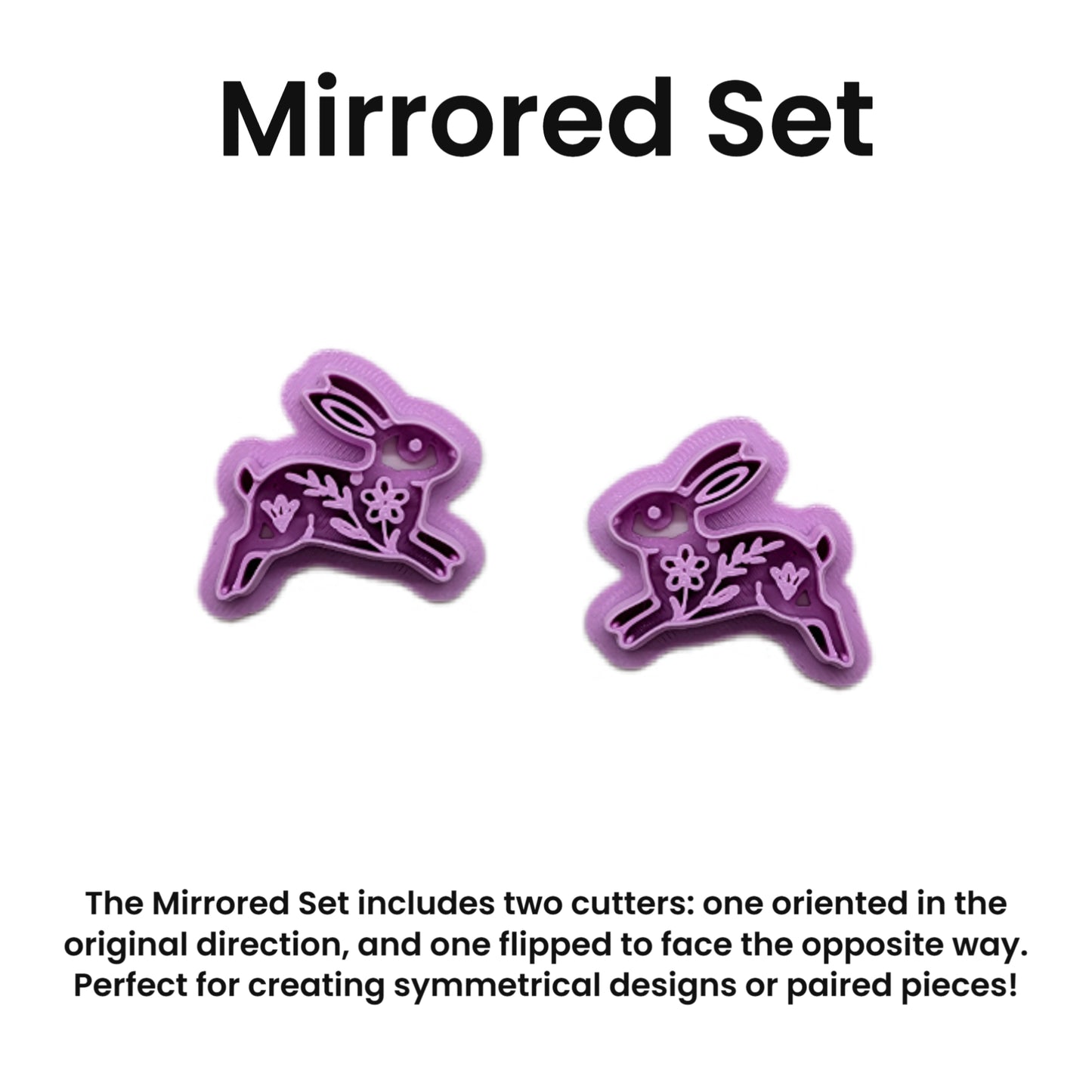 Two purple bunny-shaped cookie cutters with floral designs on a white background, labeled 'Mirrored Set'.