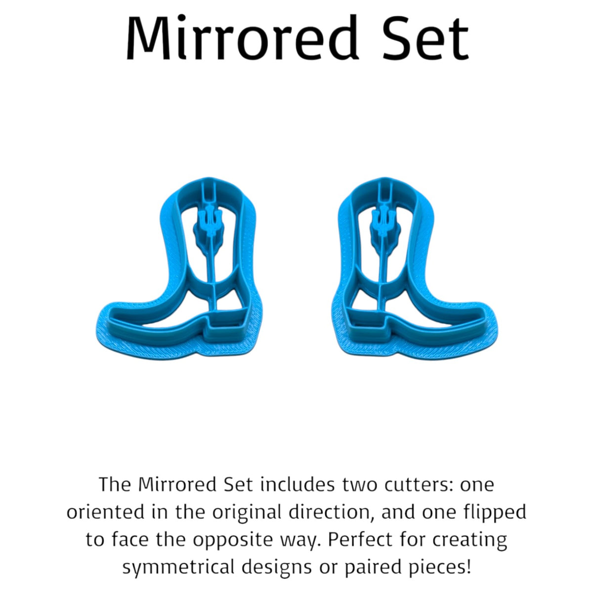 Mirrored Indiana-inspired cowboy boot cookie cutter set featuring two blue 3D-printed western boot cutters facing opposite directions, ideal for matching polymer clay earrings, game day cookies, fondant and pottery crafts.
