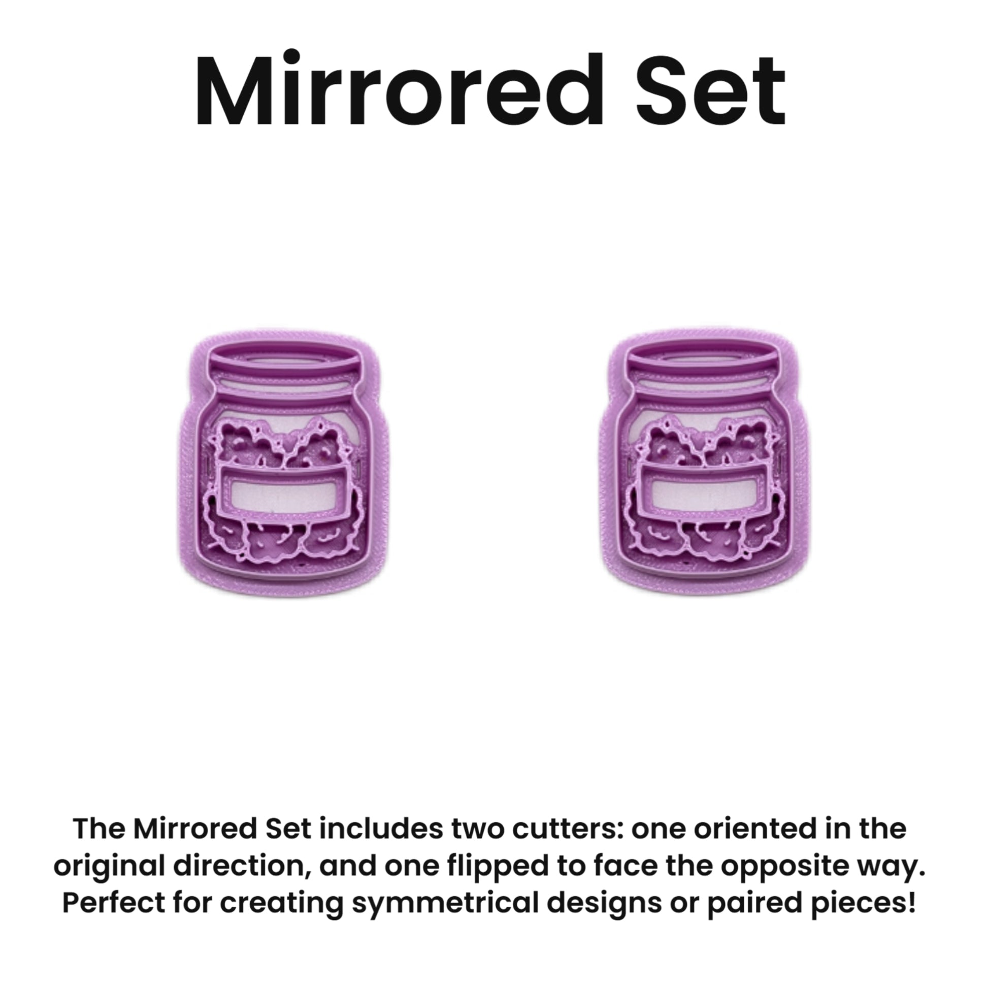 Two purple cookie cutters shaped like jars with labels on a white background, labeled 'Mirrored Set'.