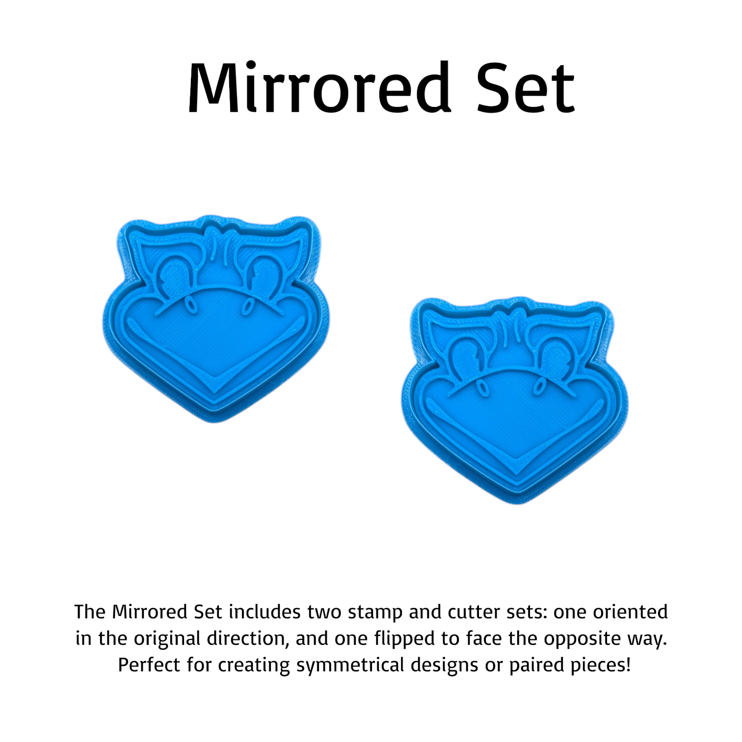 Two blue mirrored stamp and cutter sets on a white background with text.