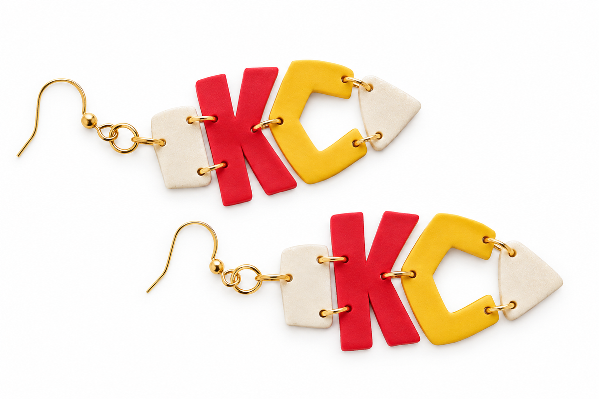 KC Arrowhead layered polymer clay earrings in red gold and white made with 4-piece Kansas City football cutter set