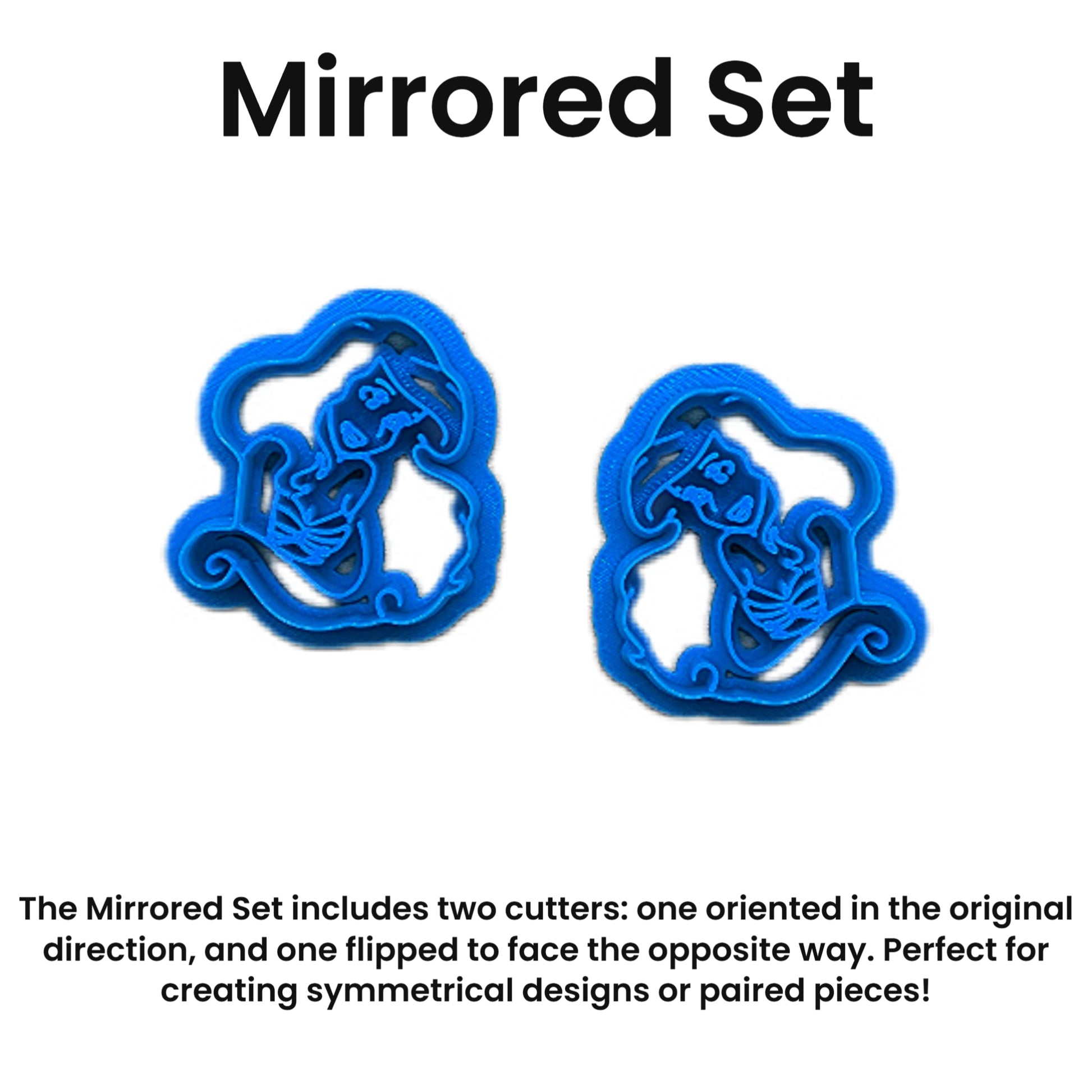 Two blue cookie cutters with mirrored design on a white background