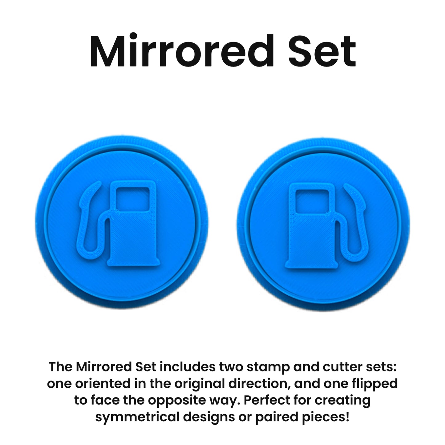 Two blue circular stamps with a fuel pump icon, labeled 'Mirrored Set'.