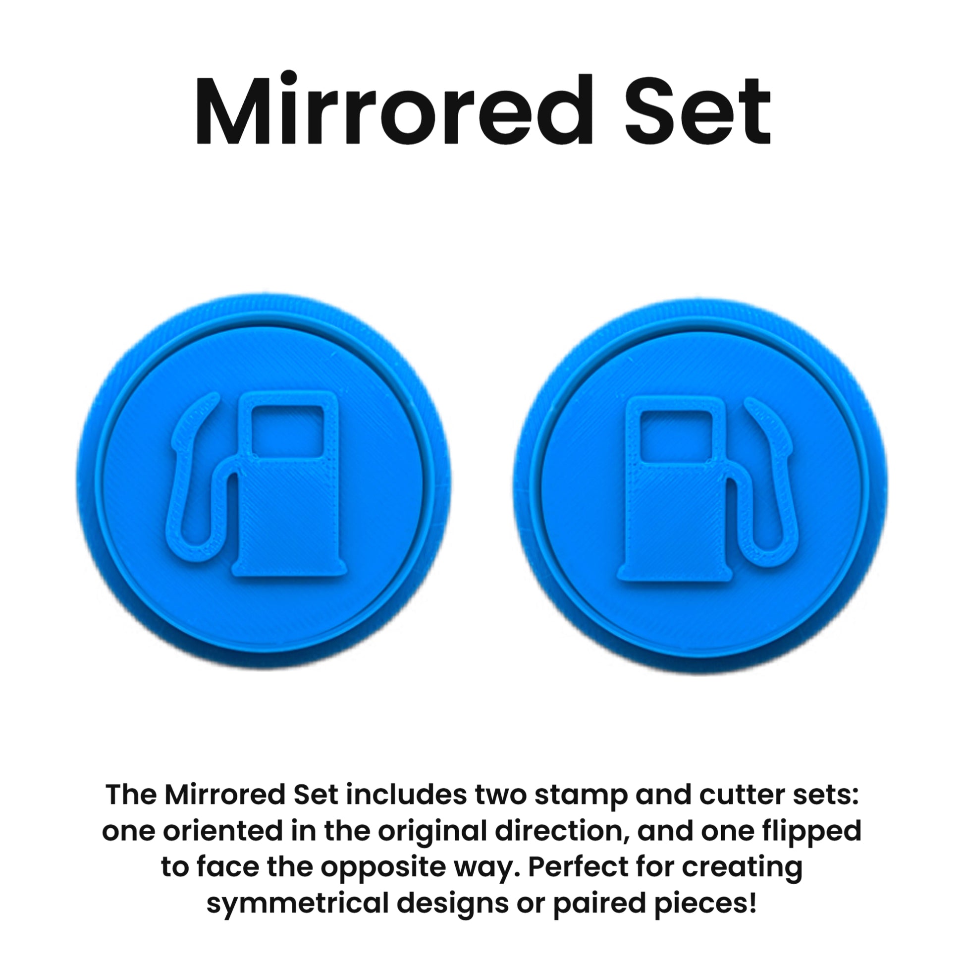 Two blue circular stamps with a fuel pump icon, labeled 'Mirrored Set'.