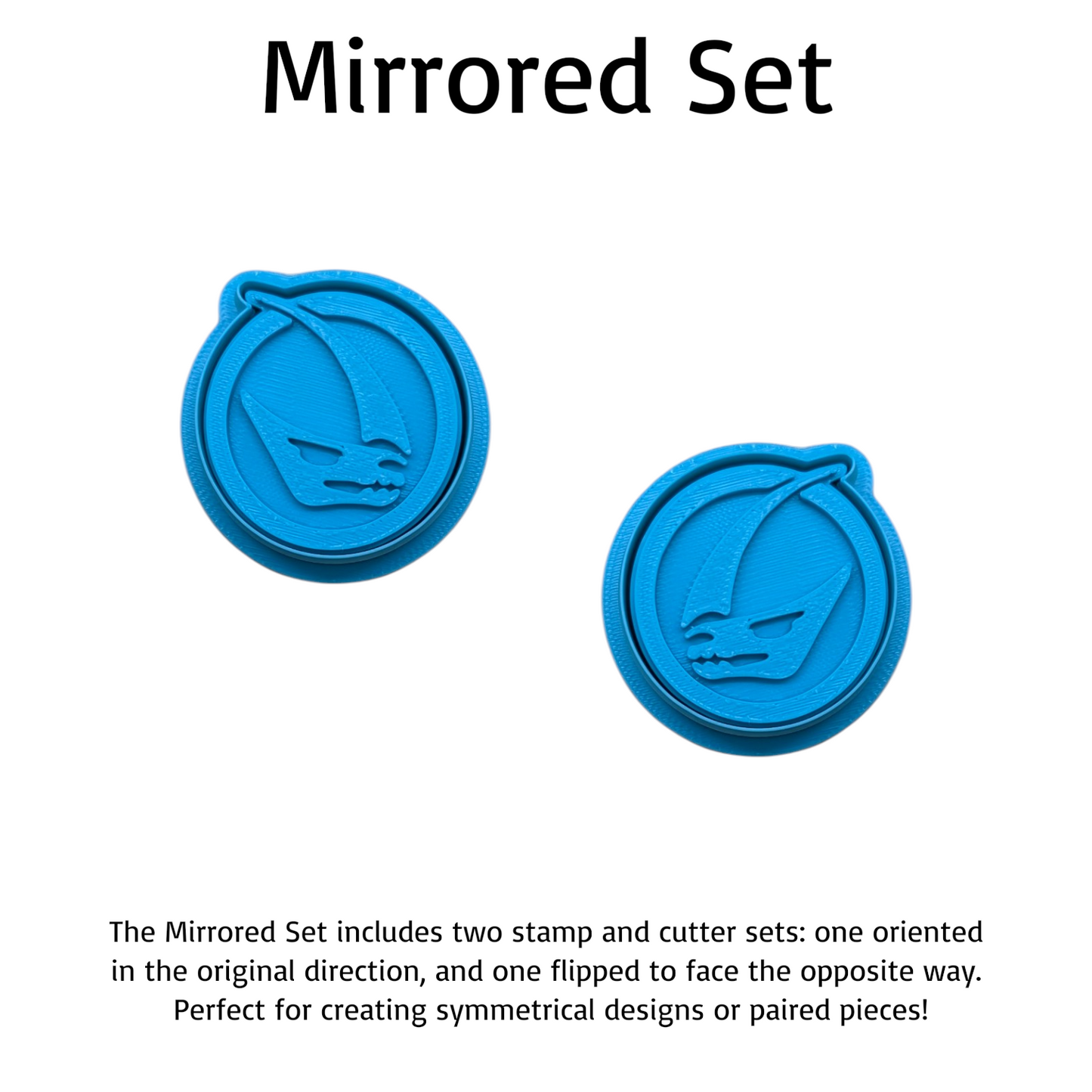 Two blue mirrored stamp and cutter sets on a white background with text.