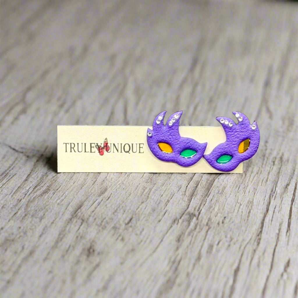 Handmade Mardi Gras Mask Polymer Clay Earrings – Style D | Limited Series of 5 Unique Artisanal Accessories