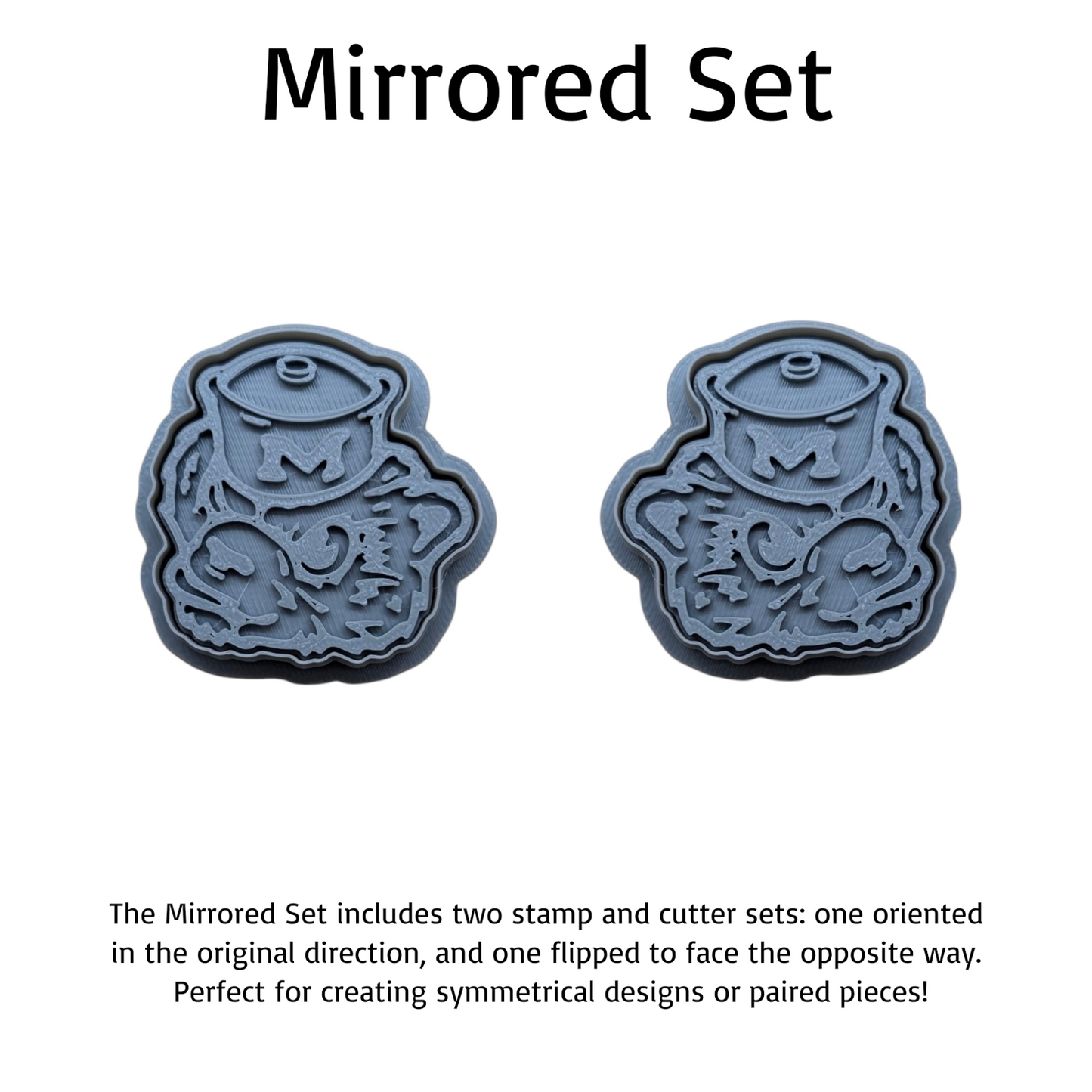 Mirrored Michigan Wolverines cutter and stamp set showing original and flipped sailor hat designs, ideal for symmetrical cookies or paired crafts.