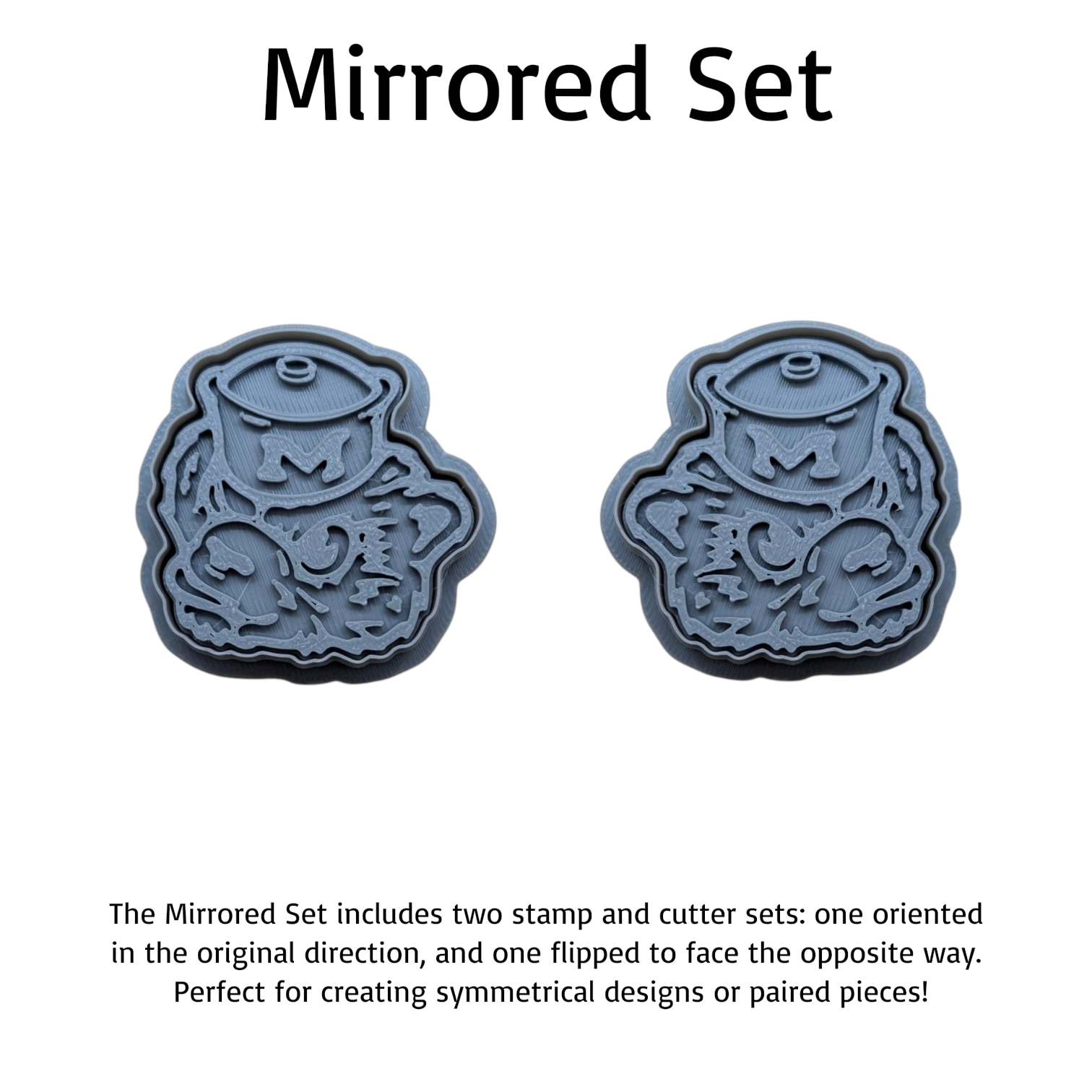 Mirrored Michigan Wolverines cutter and stamp set showing original and flipped sailor hat designs, ideal for symmetrical cookies or paired crafts.