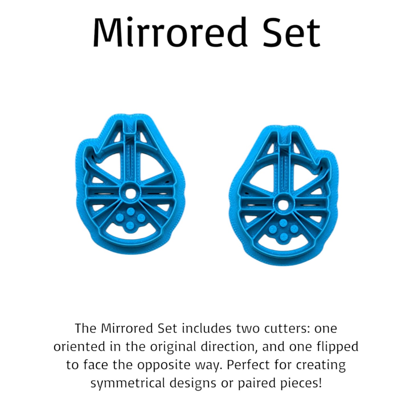 Plastic Millennium Falcon spaceship shape cookie cutters on a light color wood surface.