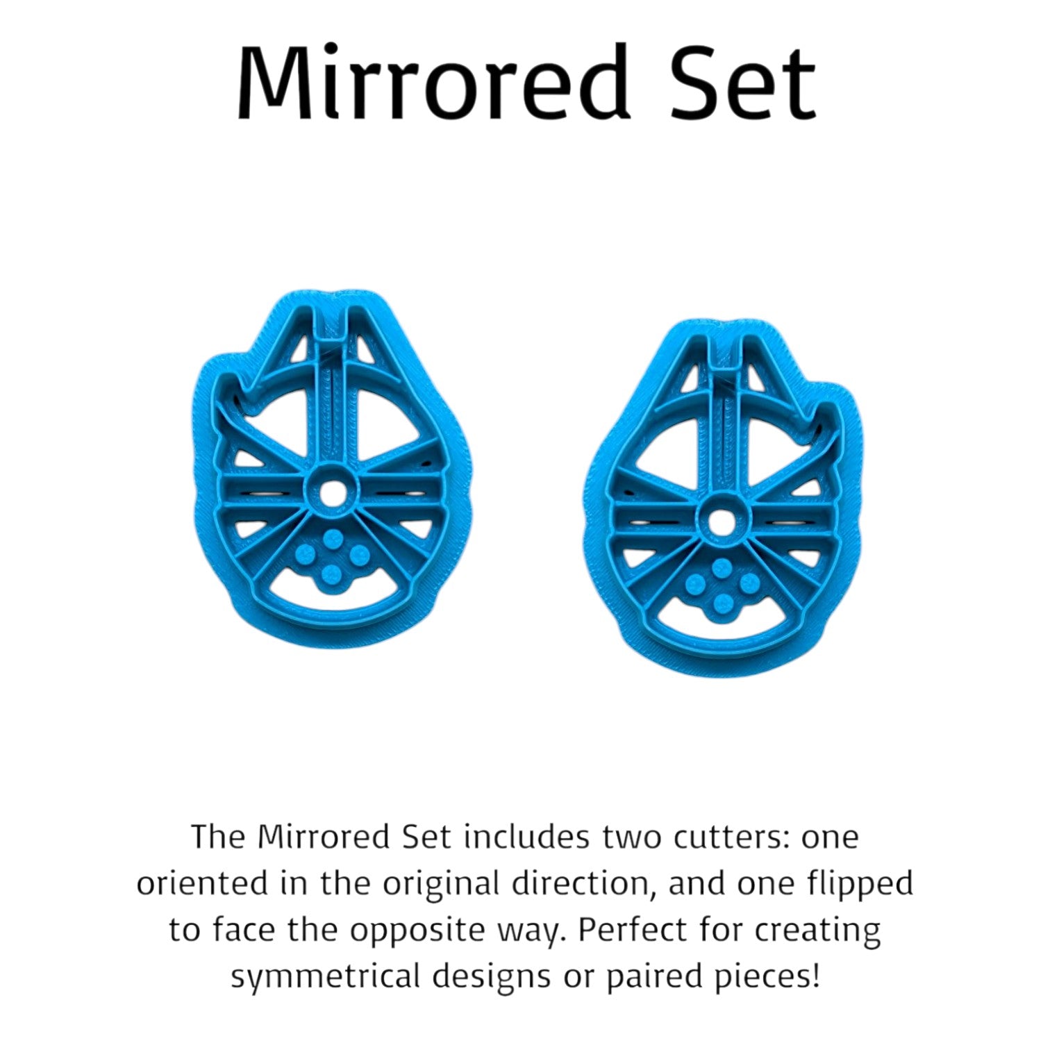 Plastic Millennium Falcon spaceship shape cookie cutters on a light color wood surface.