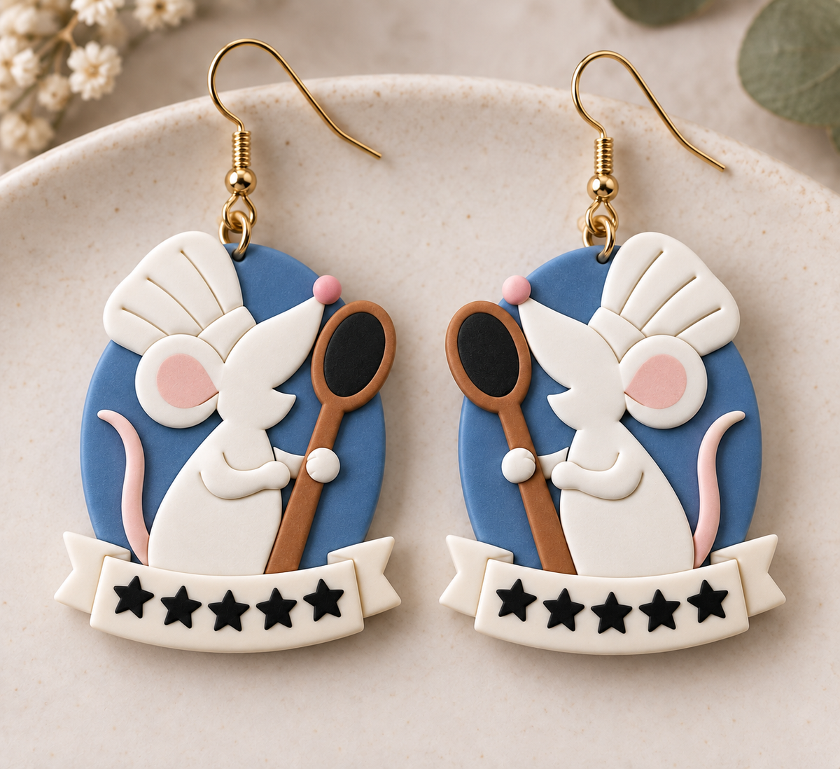 Mirrored Mouse Chef polymer clay dangle earrings with opposite-facing chef mice, spoons, chef hats and star banner details