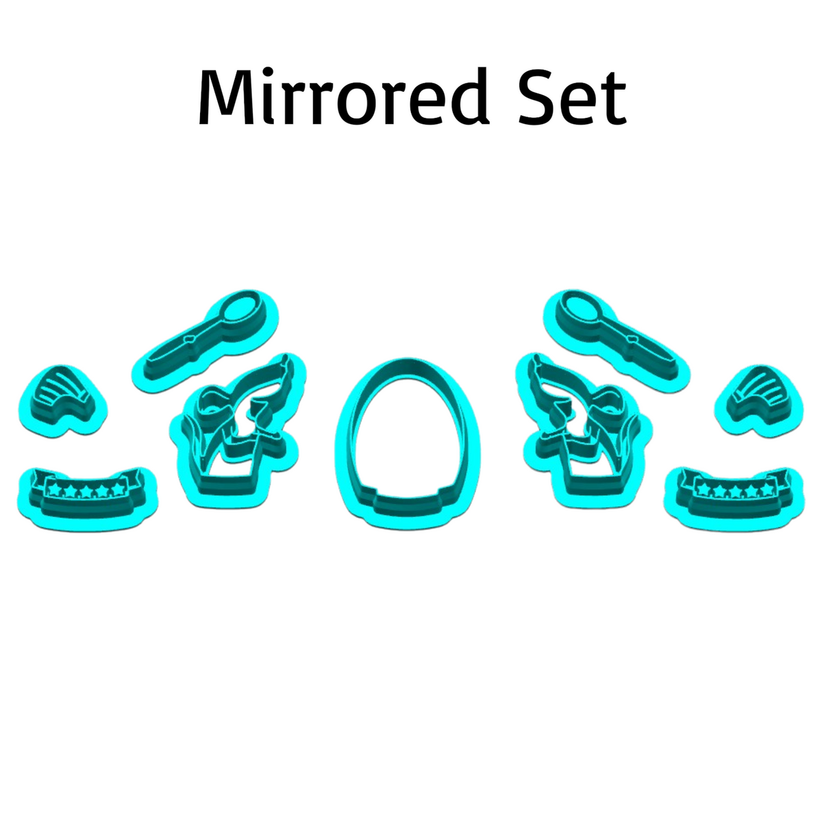 Mirrored Mouse Chef cutter set with opposite-facing chef mouse, spoon, hat and banner pieces for polymer clay earrings, cookies and crafts