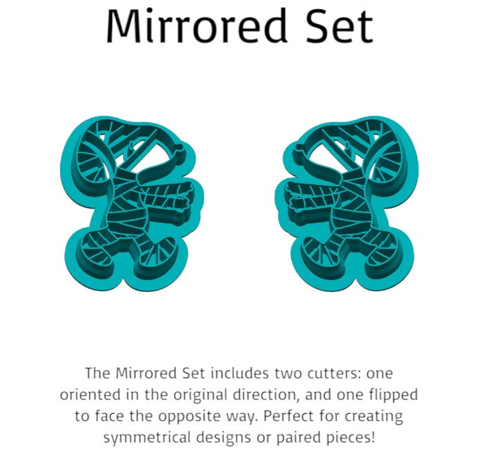 Mirrored Snoopy mummy cookie cutter set with two opposite-facing Halloween dog designs for polymer clay earrings, cookies, fondant and crafts